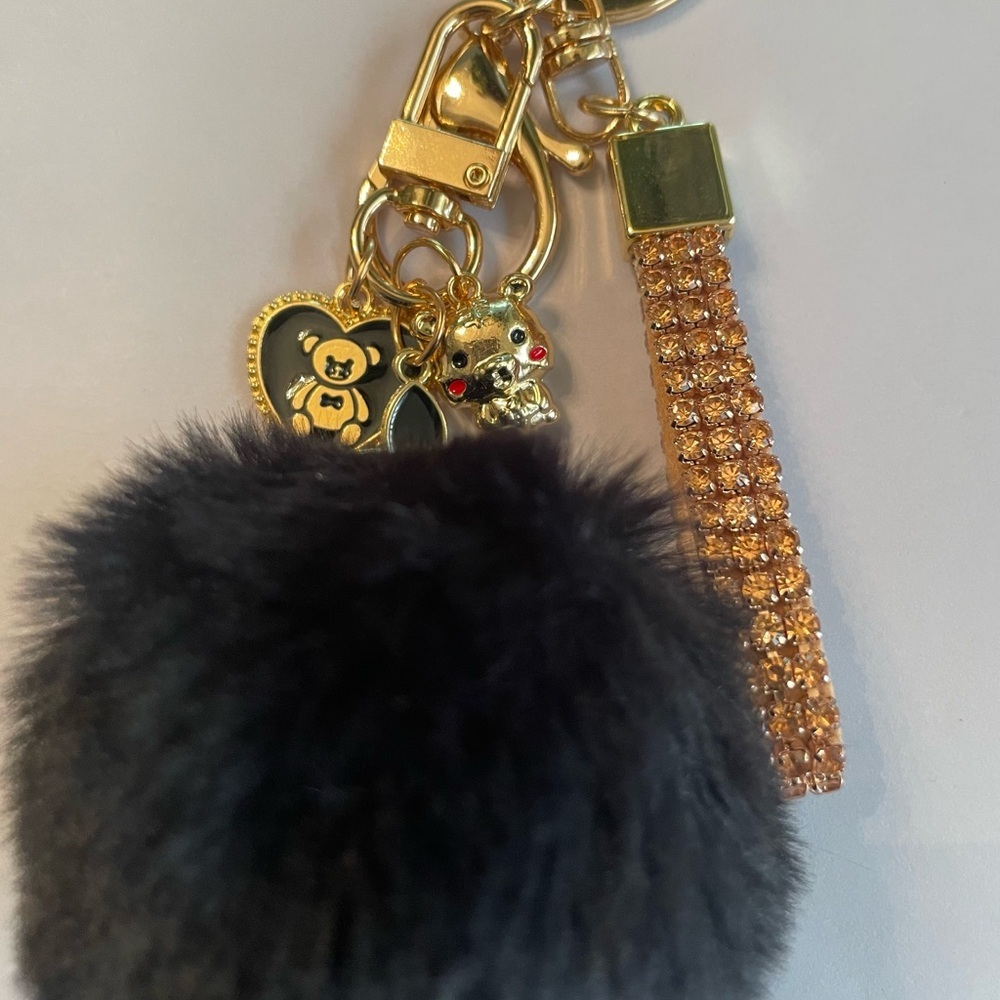 Gold and Black Pom Pom Keychain With 3 Charms – New - Picture 14 of 14